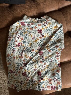 Floral Ribbed Mock Neck Top - Cream with Mustard & Burgundy